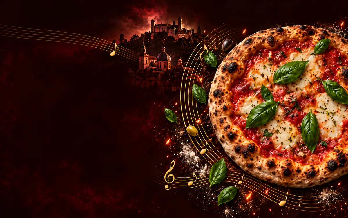 Frisch gebackene Pizza aus dem Steinofen, von oben fotografiert, mit Basilikum und Mozzarella. Silhouette der Festung Hohensalzburg und der Salzburger Altstadt bei Abenddämmerung